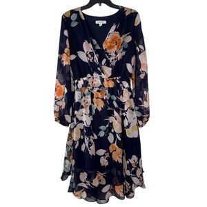 NINE WEST Faux Wrap Floral Dress Women's 8 Long Sheer Sleeves Lined Midi Navy